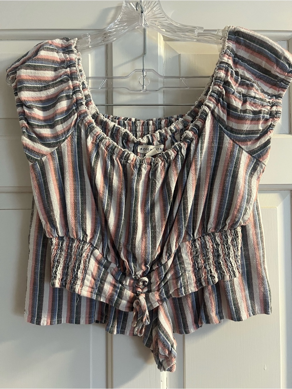 Aeropostale Striped Tie-Front Crop Top - Pink, Gray & White
